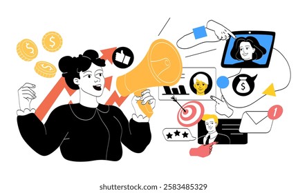 Promoting blogger on social networks. Woman with loudspeaker near profiles of bloggers with rating. SMM specialist. Marketing and advertising on Internet. Linear vector illustration