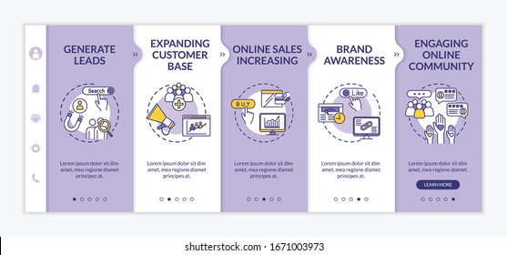 Promoting brand awareness tips onboarding vector template. Lead generation and attracting customers. Responsive mobile website with icons. Webpage walkthrough step screens. RGB color concept