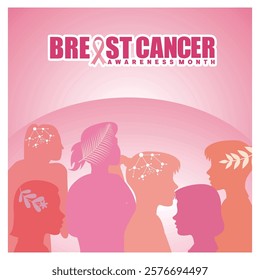 Promoting Breast Cancer Awareness Month with silhouettes of people, pink, and the ribbon symbol, encouraging support, solidarity, and awareness for breast cancer research and advocacy. 