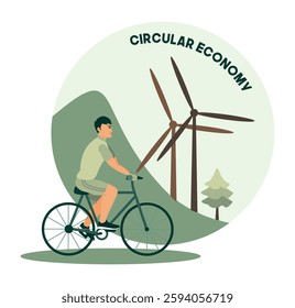 Promoting Circular Economy Concept. Cyclist  Near Wind Turbines and Green Hills. Flat vector modern illustration 