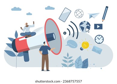 Promoting communication with customers, Sending important messages, Marketing activities with social media campaigns, Business marketing media. Advertising teams, or announcements with a megaphone.