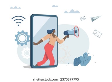 Promoting communication with customers, Sending important messages, Marketing activities with social media campaigns. Businesswoman advertising or announcement with megaphone from smart phone.