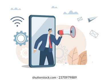 Promoting communication with customers, Sending important messages, Marketing activities with social media campaigns. Businessman advertising or announcement with megaphone from smart phone.
