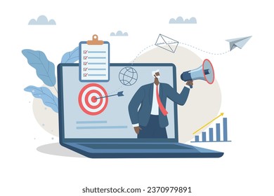 Promoción de la comunicación con los clientes, envío de mensajes importantes, actividades de marketing con campañas de medios sociales. Publicidad o anuncio de un hombre de negocios con megáfono de una laptop.
