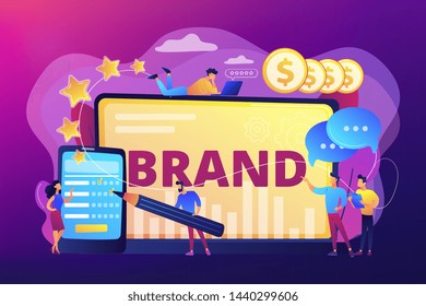 Promoting company credibility. Increasing clients loyalty. Customers conversion. Brand reputation, brand management, sales driving strategy concept. Bright vibrant violet vector isolated illustration