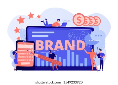 Promoting Company Credibility. Increasing Clients Loyalty. Customers Conversion. Brand Reputation, Brand Management, Sales Driving Strategy Concept. Pink Coral Blue Vector Isolated Illustration