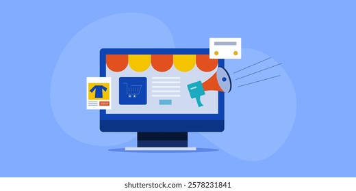 Promoting eCommerce website on internet, eCommerce promotion, Social media marketing, SEO, digital marketing strategy for ecommerce - vector illustration background with icons