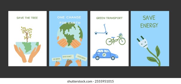 Promoting environmental awareness and sustainable practices through creative designs. Set of eco posters - flat design.