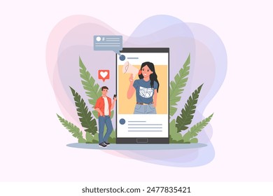 Promoting goods or services for follower vector illustration. Woman with megaphone in huge smartphone. Tiny product consumers reading influencer advices. Digital marketing, advertising concept