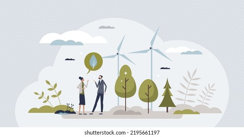 Promoting green energy and talk about sustainable wind turbine power tiny person concept. Professional ecologist with planet conservation and sustainable protection awareness vector illustration.