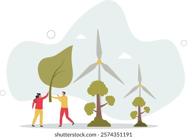 Promoting green energy and talk about sustainable wind turbine power .flat characters.