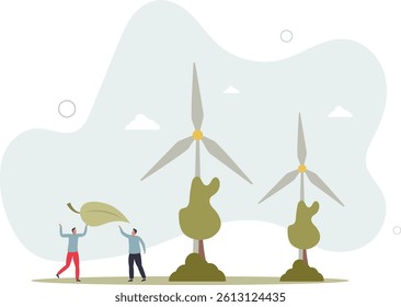 Promoting green energy and talk about sustainable wind turbine power .flat character life .