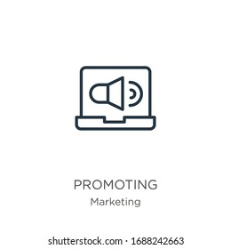 Icono de promoción. Icono de esquema lineal delgado aislado en fondo blanco de la colección de marketing. Signo vectorial de línea, símbolo para web y móvil