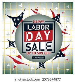 Promoting a Labor Day sale, featuring stars, a grid background, and bold text. Ideal for advertisements and marketing related to sales and celebrations on this occasion.  