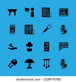 promoting, microphone, lamp, table, newspaper, dove of peace, newspaper, laptop and microphone vector icon. Simple icons set