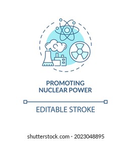 Icono del concepto azul de la energía nuclear. Industria limpia y sostenible. Ventajas de la energía atómica ilustraciones abstractas de la línea delgada de la idea. Dibujo de color de contorno aislado del vector. Trazo editable