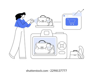 Promoting online shop abstract concept vector illustration. Woman promotes her online store on the web, drop shipping business, online reseller, marketing strategy, smm services abstract metaphor.
