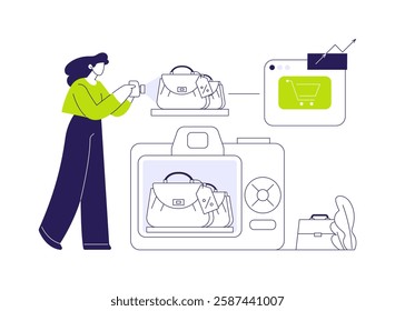 Promoting online shop abstract concept vector illustration. Woman promotes her online store on the web, drop shipping business, online reseller, marketing strategy, smm services abstract metaphor.