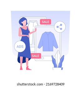 Promoting online shop isolated concept vector illustration. Woman promotes her online store on the web, drop shipping business, online reseller, marketing strategy, smm services vector concept.