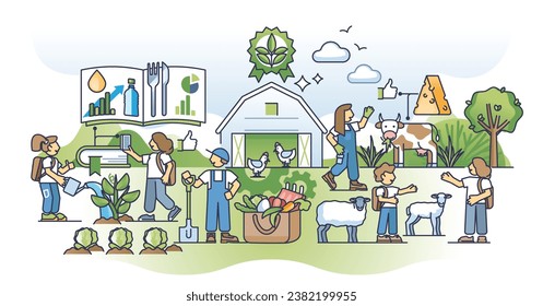 Promoting organic awareness and teach healthy food diet outline concept. Local agriculture and farming as sustainable lifestyle vector illustration. Learning about green, fresh and raw food benefits.