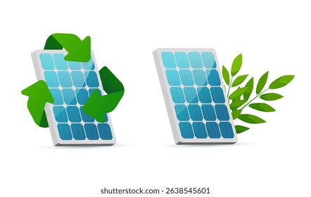 Promoting renewable energy and eco friendly practices with solar panels, featuring recycle symbol and green leaves, symbolizing sustainable power and environmental consciousness