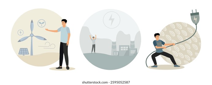 Promoting Renewable Energy Solutions with Wind Turbine and Solar Panel. Person celebrating a Sustainable clean industrial factory. Man pulling a large electric plug cable against a backdrop of leaves.