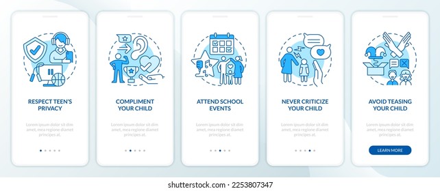 Promoting self esteem in teens blue onboarding mobile app screen. Walkthrough 5 steps editable graphic instructions with linear concepts. UI, UX, GUI template. Myriad Pro-Bold, Regular fonts used