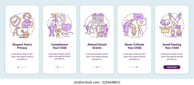 Promoting self esteem in teens onboarding mobile app screen. Support walkthrough 5 steps editable graphic instructions with linear concepts. UI, UX, GUI template. Myriad Pro-Bold, Regular fonts used