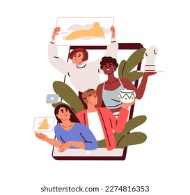 Promoting, selling art and craft online in social media concept. Artists, artisans advertising workshop, handcraft, creative content in internet. Flat vector illustration isolated on white background.