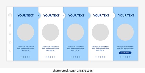 Promoting startups onboarding vector template. Product management. Responsive mobile website with icons. Web page walkthrough 5 step screens. Building business portfolio color concept with copy space