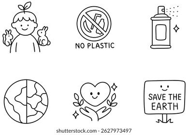 A Promoting sustainable world, this illustration features child with rabbits, no plastic sign, spray can, Earth, heart with