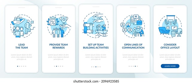 Promoting teamwork in workplace blue onboarding mobile app screen. Growth walkthrough 5 steps graphic instructions pages with linear concepts. UI, UX, GUI template. Myriad Pro-Bold, Regular fonts used