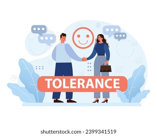 Promoting tolerance in the workplace. Man and woman shaking hands, highlighting mutual respect and unity amidst diversity. Embracing differences for cohesive teamwork. Flat vector illustration.