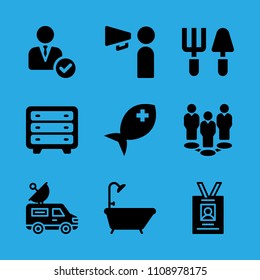promoting, van, chest of drawers, tools, fish, bathtub, manager, group and id card vector icon. Simple icons set