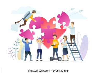 Promoting world peace, love metaphor illustration. People composing heart mosaic, adding jigsaw puzzles. Community activists holding loudspeaker. Cooperation, collaboration for common wellbeing.
