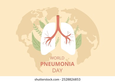 Promoting World Pneumonia Day, featuring lungs and world map background, symbolizing global respiratory health awareness. Vector illustration.