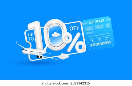 Promotion up to 10 off flight booking. Plane floats out of the ticket with number one airplane window and percent symbol. For design tourism ads media. Air travel concept. 3D Vector illustration.