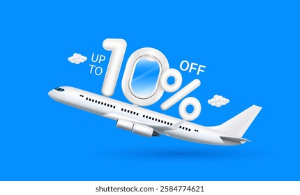 Promotion up to 10 off flight booking. Number one airplane window and percent symbol floats on plane. For design tourism ads media. Air travel concept. 3D Vector illustration.