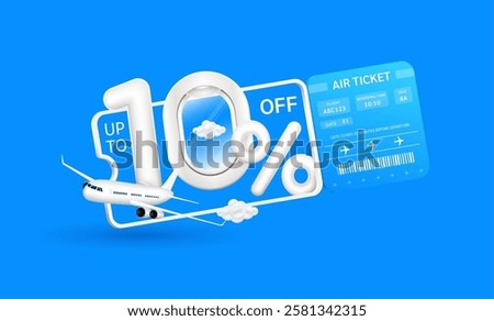 Promotion up to 10 off flight booking. Plane floats out of the ticket with number one airplane window and percent symbol. For design tourism ads media. Air travel concept. 3D Vector illustration.