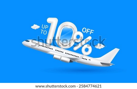 Promotion up to 10 off flight booking. Number one airplane window and percent symbol floats on plane. For design tourism ads media. Air travel concept. 3D Vector illustration.