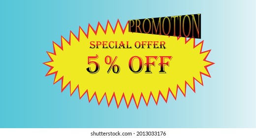 promotion 5% off yellow and red. Banner special offer, super sale, background blue