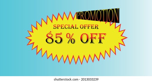 promoción 85% de amarillo y rojo. Oferta especial de banner, súper venta, azul fondo