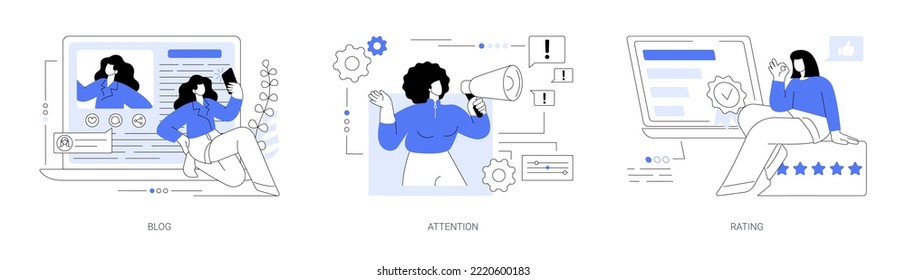 Promotion abstract concept vector illustration set. Blog followers and subscriptions, viral content, attracting attention, rating scale, social media platform, high-ranking product abstract metaphor.