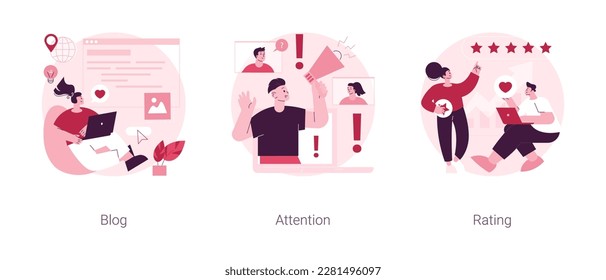 Promotion abstract concept vector illustration set. Blog followers and subscriptions, viral content, attracting attention, rating scale, social media platform, high-ranking product abstract metaphor.