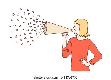 Promotion, advance, campaign concept. Emotional woman using megaphone for advertising or digital marketing. Feminist girl speaking loudly in the megaphone. Simple flat vector.