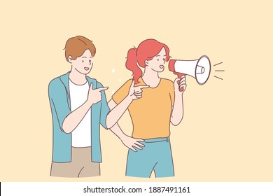 Promotion, Advertisement, announcement concept. Young smiling couple girl and boy cartoon characters standing and making announcement with speaker megaphone for attention vector illustration 