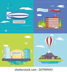 Promotion Advertisement Commercial poster Symbols airplane balloon city village mountains sky clouds icons Modern Flat Design Icon Template Vector Illustration
