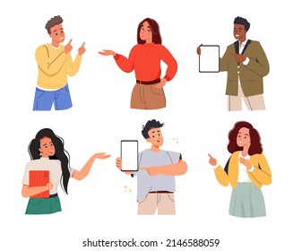 Promotion, advertisement concept. Happy people pointing at smth with fingers, showing and introducing product with hand gesture set. Presenting with devices. Flat isolated vector illustrations