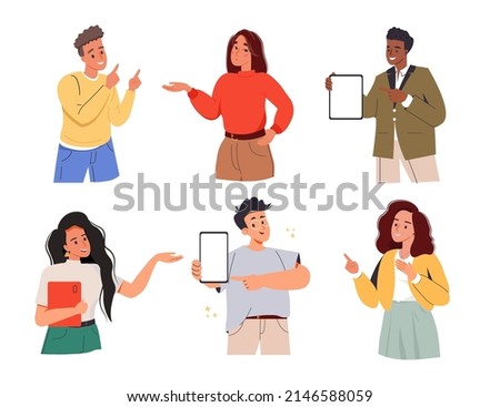Promotion, advertisement concept. Happy people pointing at smth with fingers, showing and introducing product with hand gesture set. Presenting with devices. Flat isolated vector illustrations