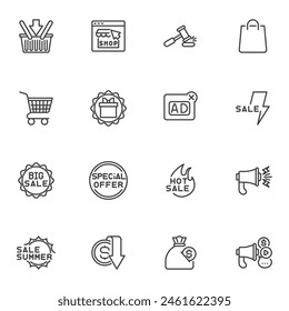 Promotion and advertisement line icons set, outline vector symbol collection, linear style pictogram pack. Signs, logo illustration. Set includes icons as online shopping, special offer, hot sale